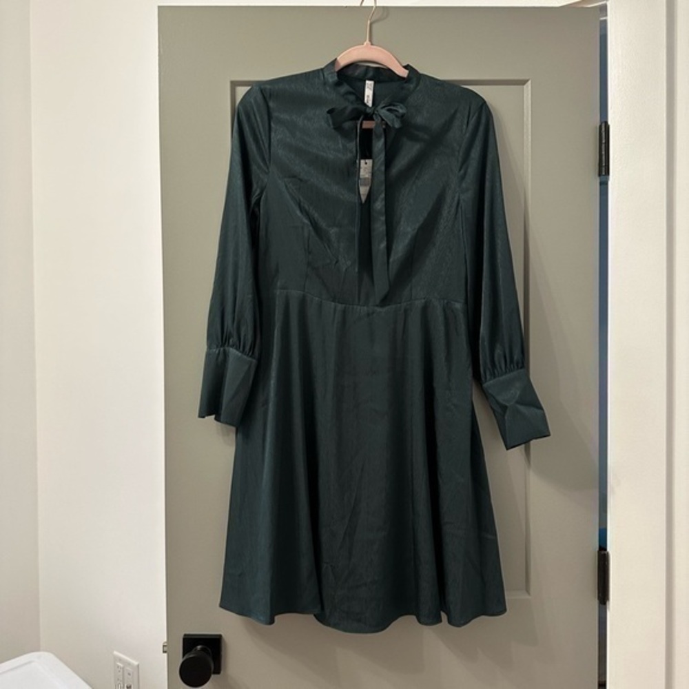 Mango Dark Green Long Sleeve Tie-Neck Dress